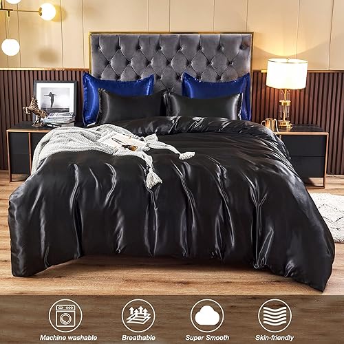 Vista 62 de HOdo Home Funda de edredón de satén, tamaño Queen, 3 piezas, funda de edredón similar a la seda, ultra suave y transpirable, juego de ropa de cama