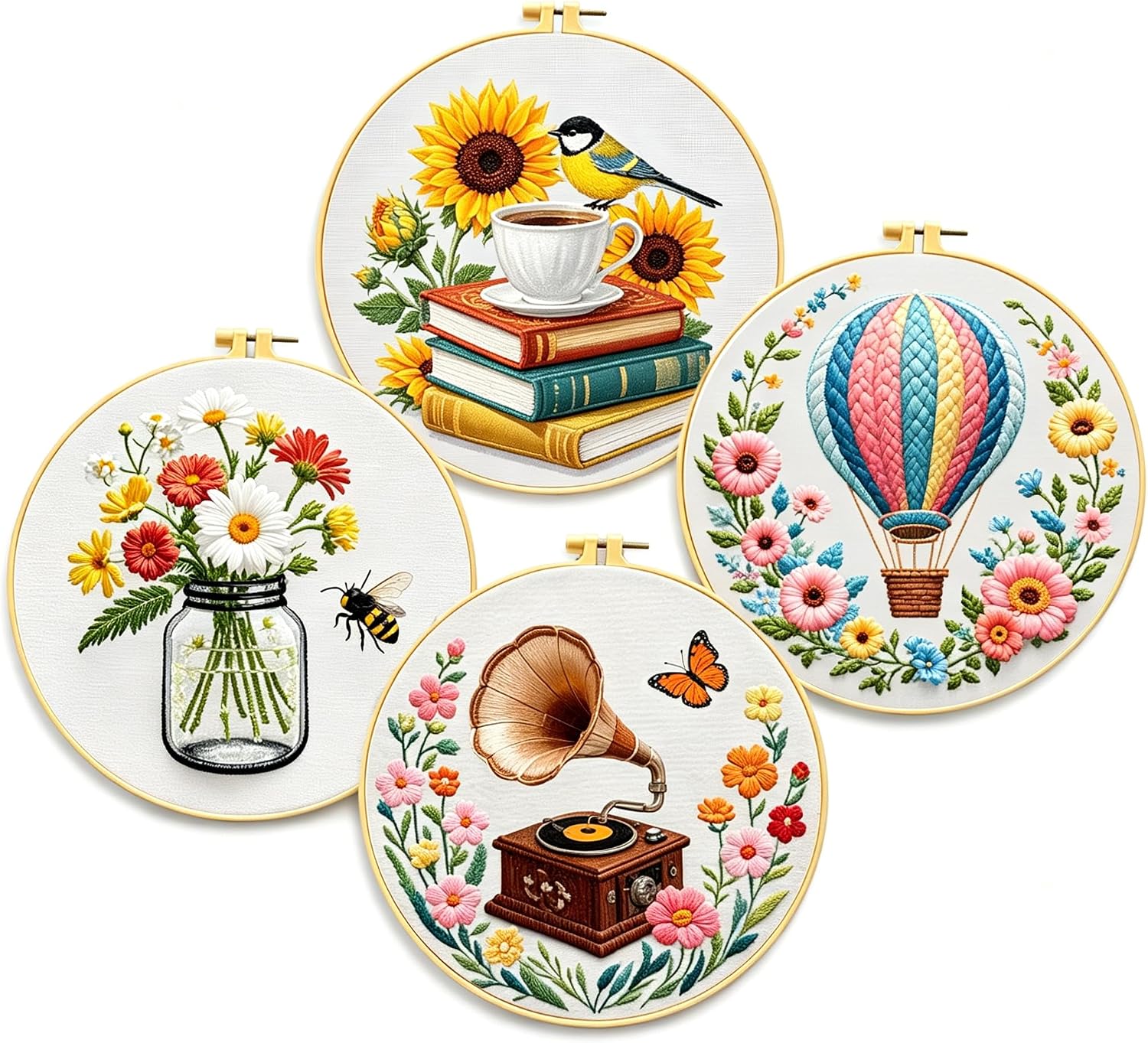 Zhenqing 4-Piece Embroidery Kit for Beginners - Complete Set with Pre-Printed 29x29cm Cotton Fabric, Hoop, Threads & Tools (Books, Hot Air Balloon, Wildflowers, Gramophone Designs)(C0159)
