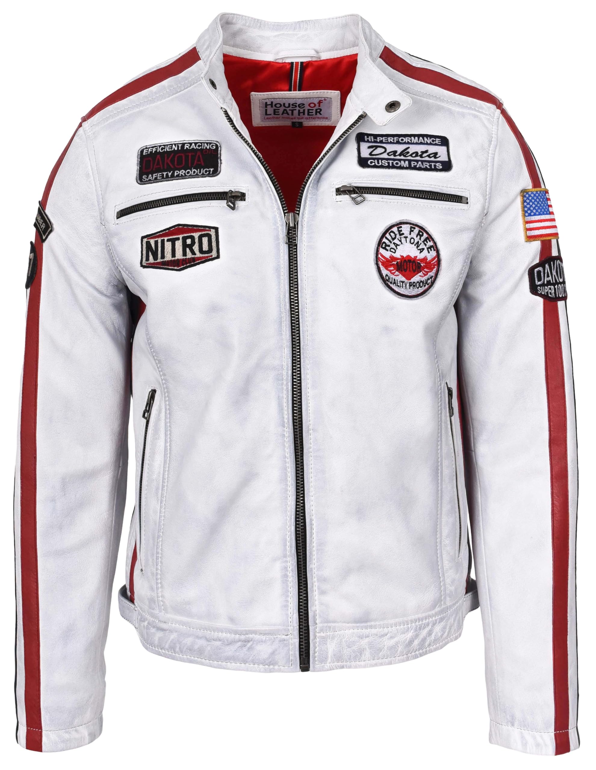 Mens Real Leather Biker Style Jacket Motorsport Racing Badges Style Bobby (UK, Alpha, XL, Regular, Regular, Vintage White)