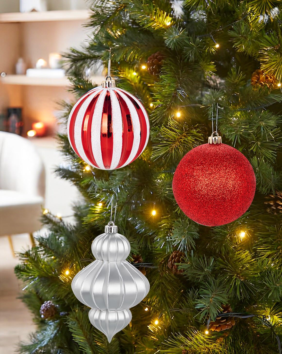 Hollyone 10CM 16CM Boules de Noël en Plastique, Lot de 12 Décorations pour Sapin de Noël, Rouge et Argent, Décorations Suspendues Incassables pour Noël, Boules de Noël Scintillantes pour Les fêtes