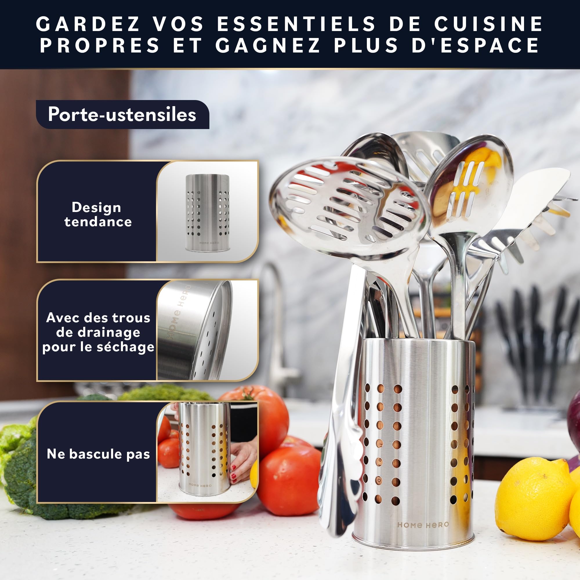 Home Hero Ensemble d'ustensiles de cuisine en acier inoxydable - Ustensiles et aides de cuisine en métal résistants à la chaleur et durables (10 pcs - Bois et Argent)