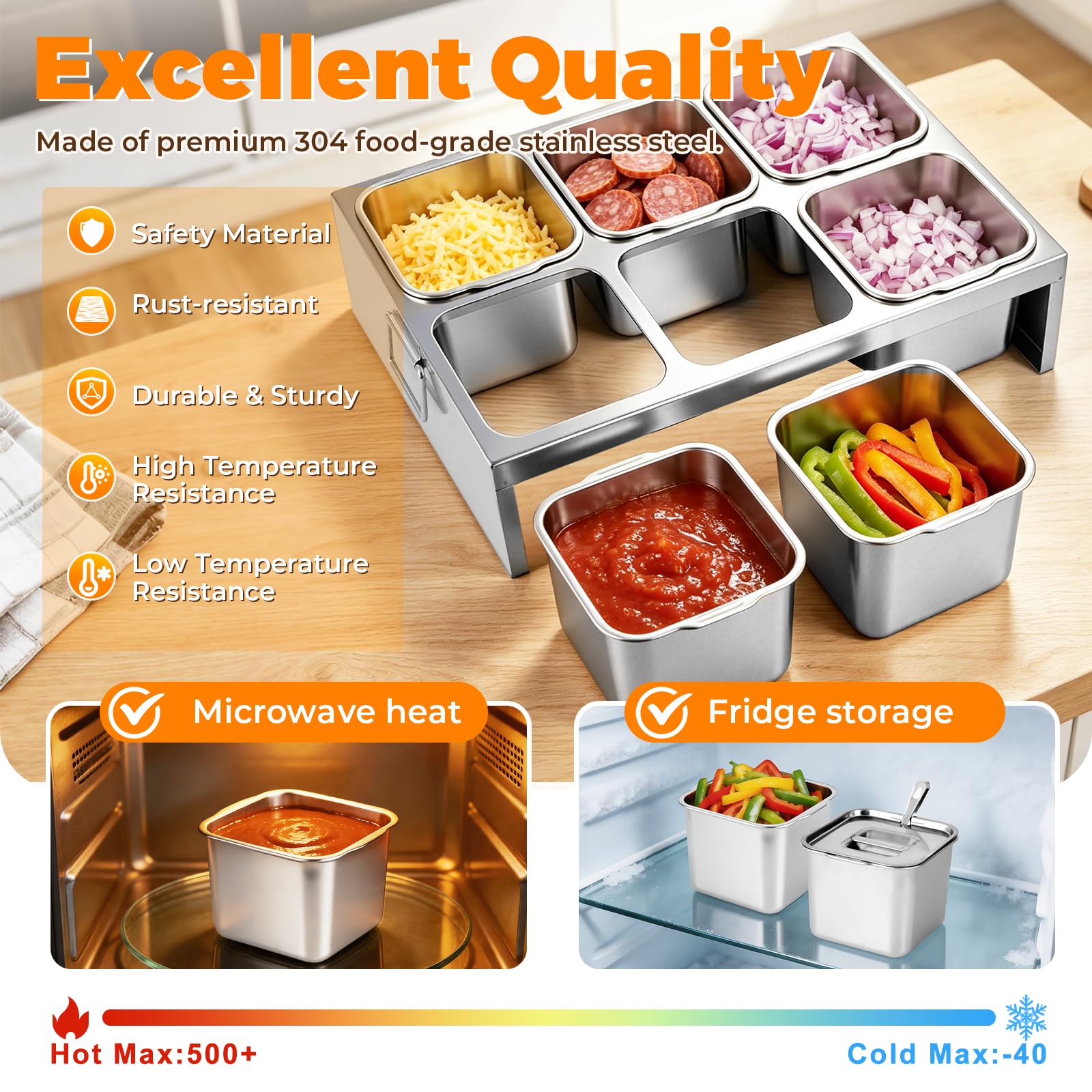 YJINGRUI Recipiente para ingredientes para pizza, 6 x 2 l, acero inoxidable, estación para pizza con asas y tapas para preparar salsas, especias, verduras, frutas, etc