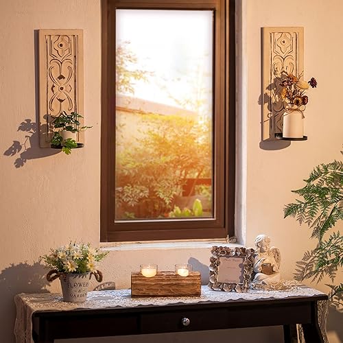 Miniatura 5 de Juego de 2 candelabros rústicos para decoración de pared, de madera, para granja, blanco, bohemio, arte envejecido, grueso, para baño