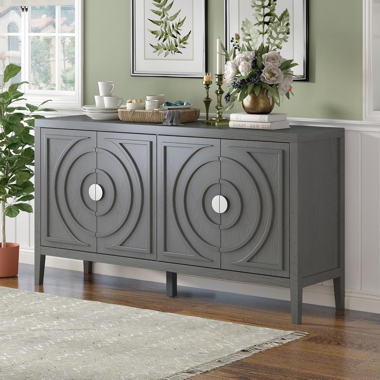 Sideboad Buffet Cabinet with 4 Doors, 60" Storage Cabinet with Metal Handles, Solid Wood Sideboard Console Table for Living Room Hallway Entryway, Grey
