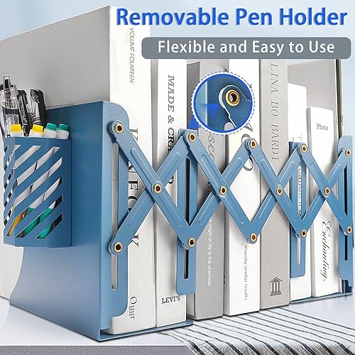 Miniatura 10 de Extremos de libros resistentes para sostener libros con soporte para bolígrafos, sujetalibros ajustables, extremos de metal para estantes, soportes