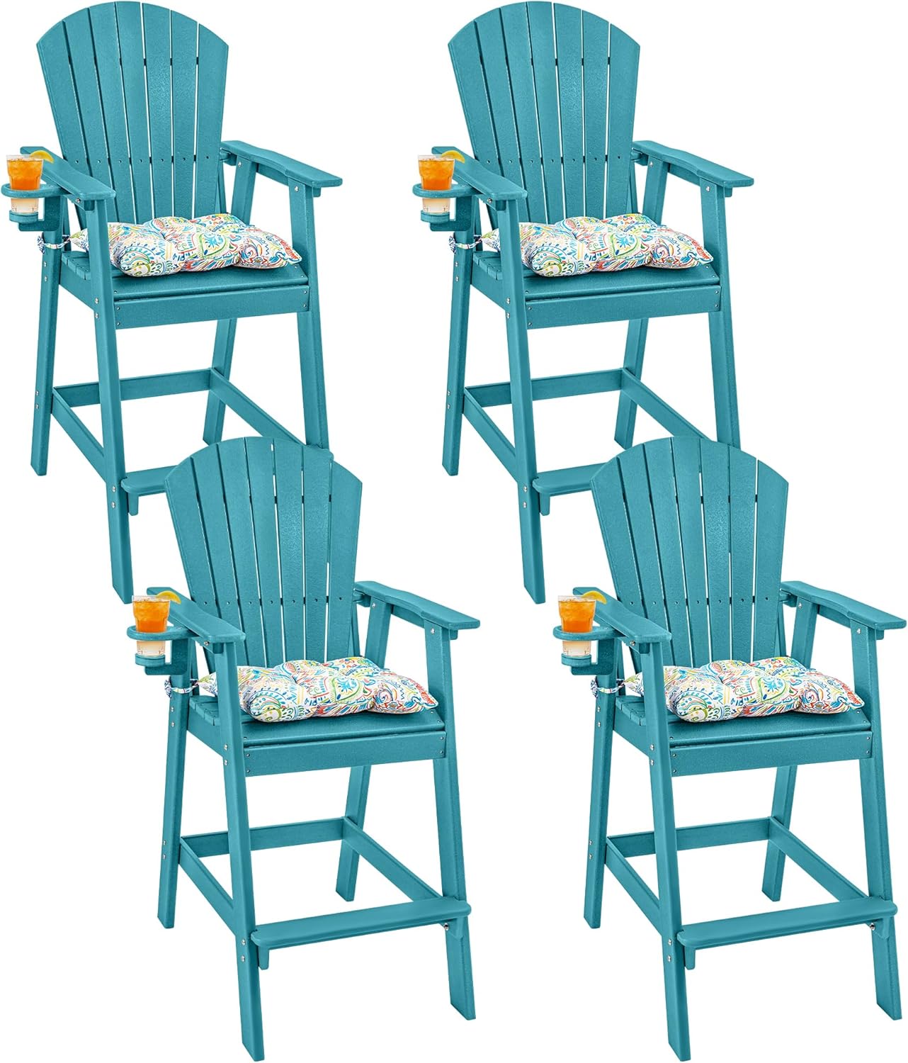 Sundale Outdoor Adirondack Bar Chairs Set of 4, Patio HDPE Bar Stools with Backrest, 30 Inch Seat Height Bistro Tall Dining Counter Barstools with Cushion (Turquoise, 4 Stools)