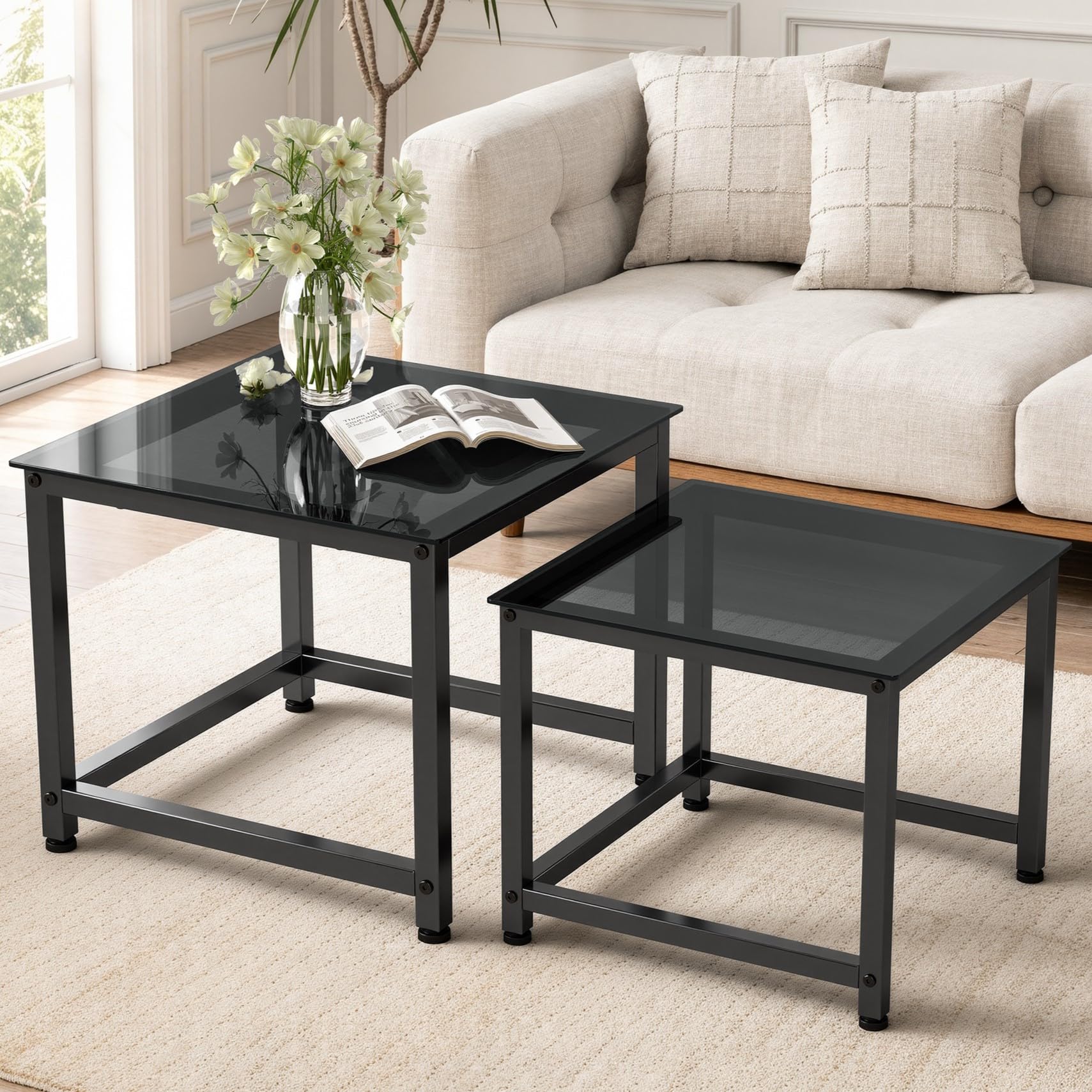 Hawthyhome Square Nesting Glass Coffee Table Set of 2, Side Table for Living Room, Multi-functional Side Table with Metal Frame, /Living Room/Bedroom Black Glass