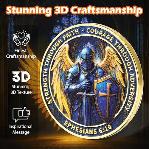 Miniatura 5 de Moneda de desafío Caballero Escudo de Fe, 5 piezas, Medallón de fuerza a través de la fe, muestra inspiradora de coraje y honor, recuerdo
