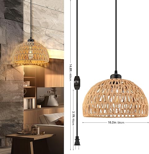 Miniatura 3 de Lámpara colgante enchufable, cable de cuerda de cáñamo de 15 pies, luces colgantes con cable de enchufe, interruptor regulable, lámpara colgante de