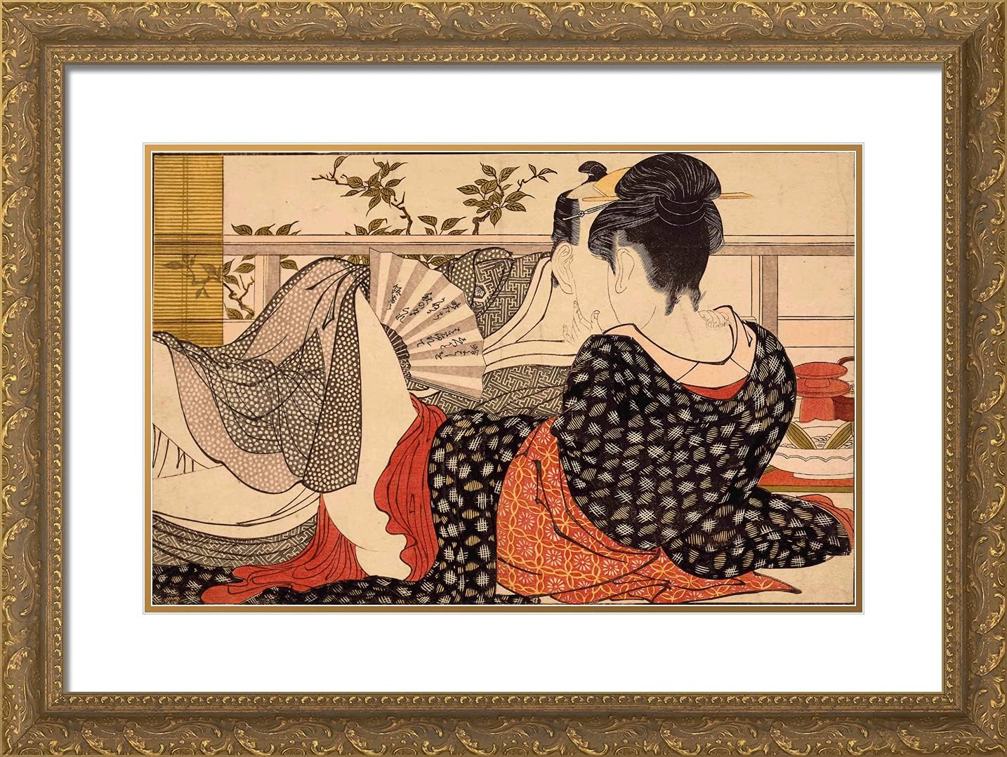 ArtDirect Utamaro, Kitagawa 24x18 Black Modern Framed Art Print with Double Matting Titled: Lovers in an Upstairs Room