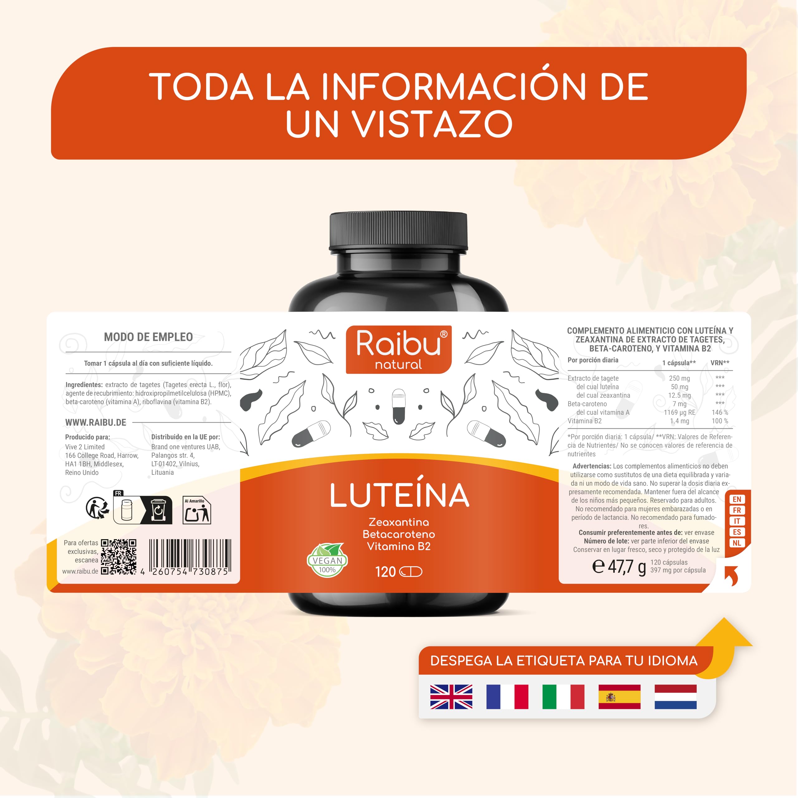Lutein with Zeaxanthin Eyes - 50 mg Lutein with 12.5 mg Zeaxanthin - 4 Months Treatment - Vision Vitamins with Vitamin A & B2 - Non-GMO, Vegan, Gluten Free - 120 Capsules — view 7