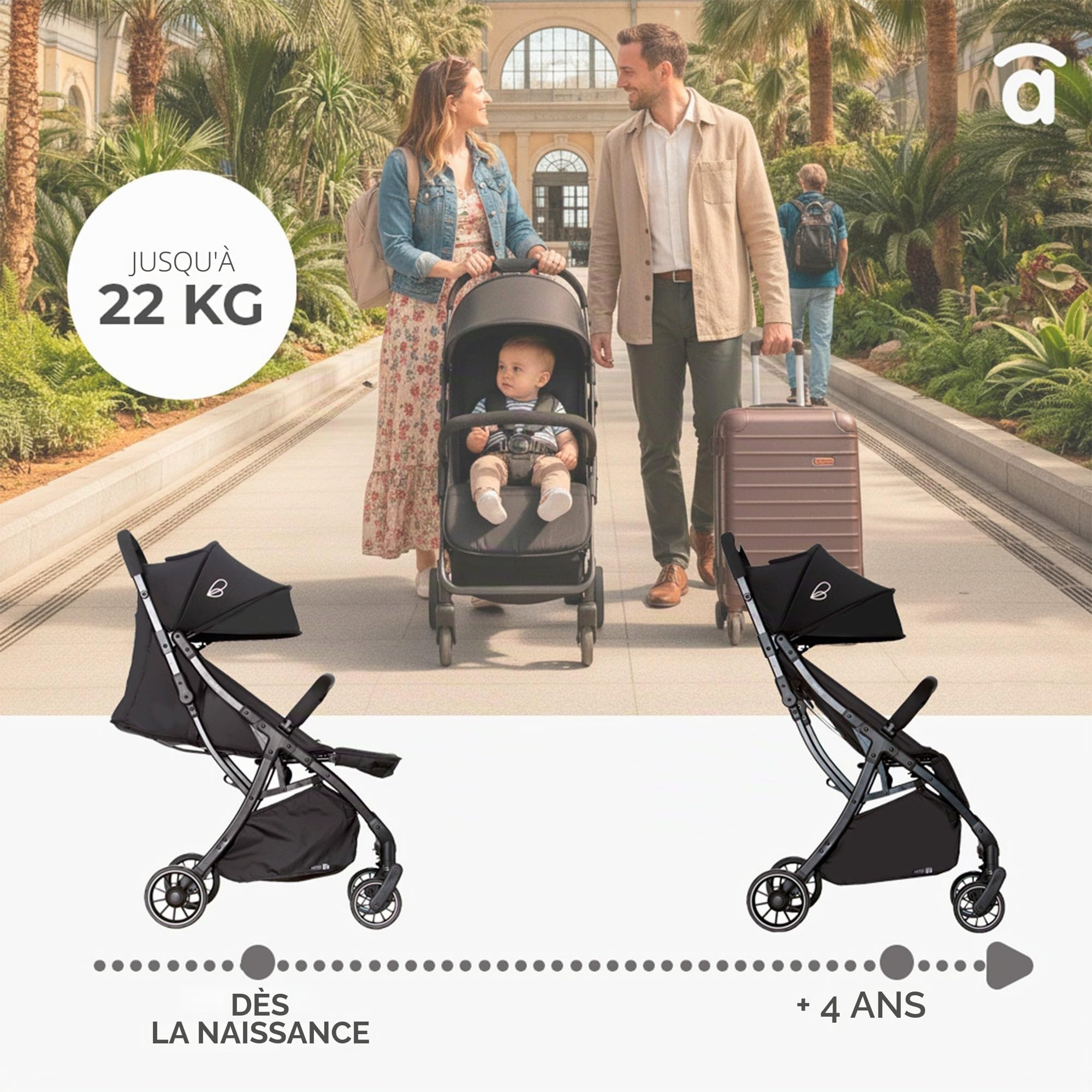 Asalvo HITO Poussette pour bébé, confortable, ultra légère, sûre, capote avec fenêtre et frein arrière, maniable, pliable compact, charge maximale 24 kg, beige