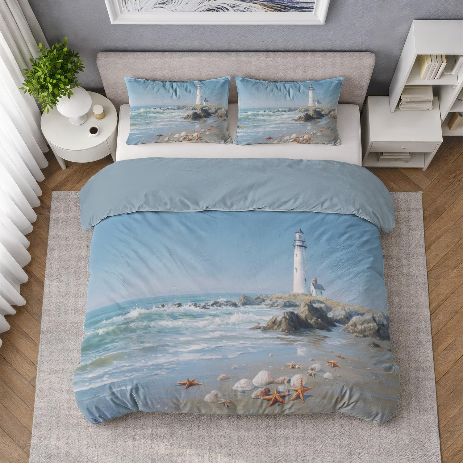 Juego de Funda Nórdica Azul Cielo con DiseñO Fotografía Realista Faro Amanecer Conchas Tranquilo, Tejido Suave y Transpirable, TamañO 220 x 240 cm - Ropa de Cama con Cremallera