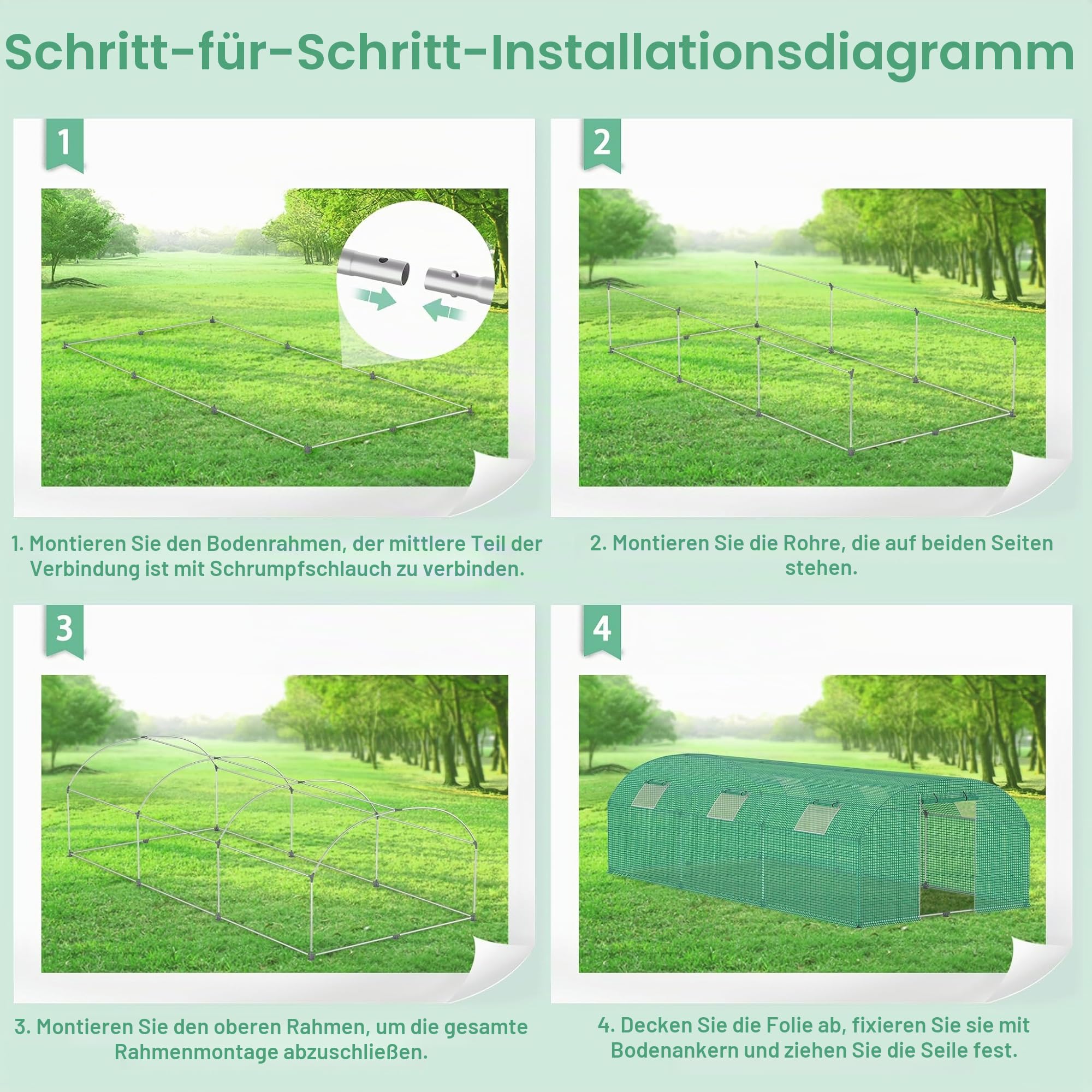 24㎡ Frostschutz Gartengewächshäuser aus Stahl Rahmen 3x8x2m HDPE Foliengewächshaus mit 8 Insektenschutzgitter Fenster & Tür Begehbares Gewächshaus Garten Überwinterungszelt für Pflanzen