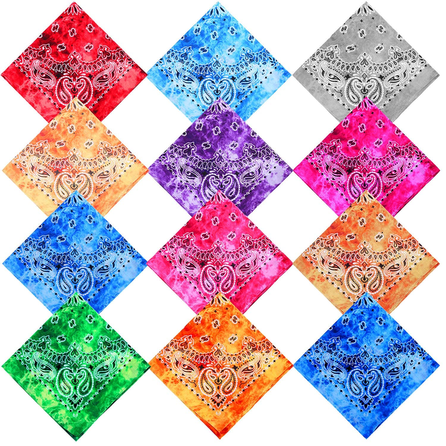 Bliss-12 Pack Assorted 100% Cotton Tie Dye Paisley Bandana Custom Printed Square Bandanas