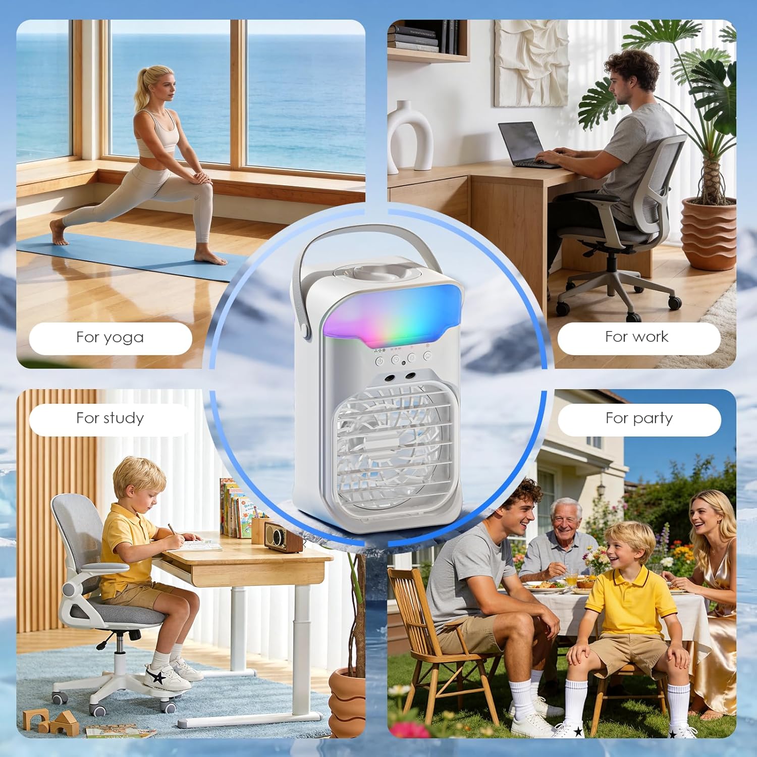 Portable Air Conditioners,4-in-1 Air Conditioner with Dual-Nozzle Spray Function,3 Fan Speeds,1-3-6 Timer,10-Color Night Light,Portable AC Unit for Bedroom,Office,Car