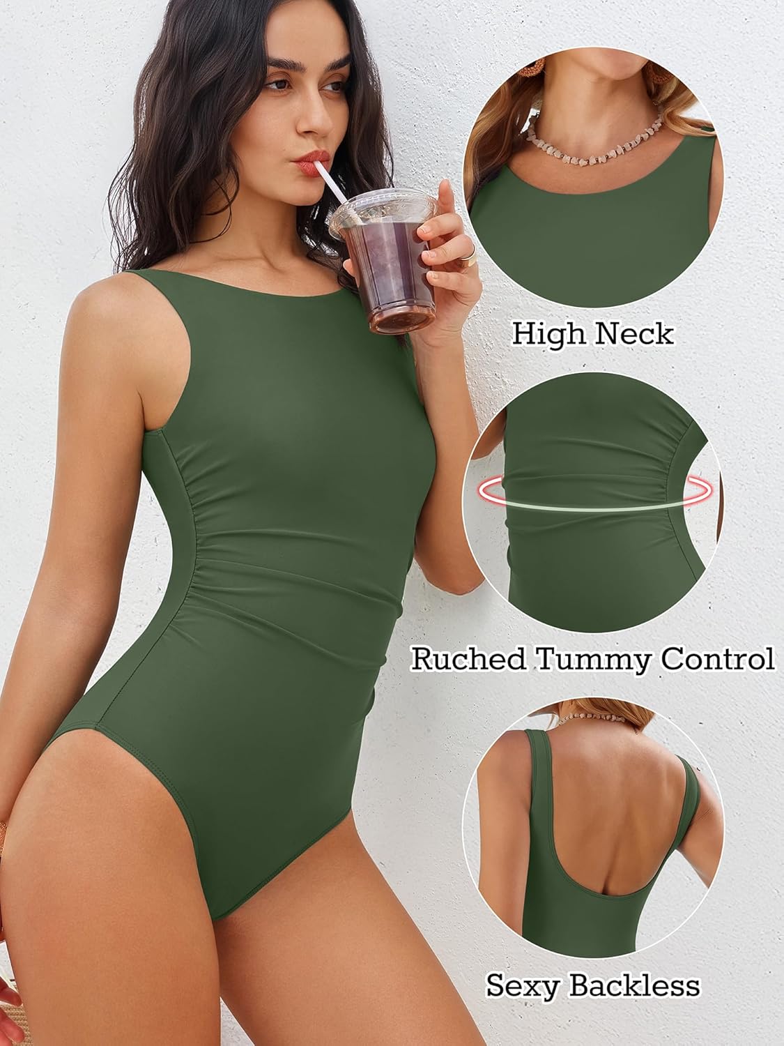 ANRABESS Women Swimsuits One Piece Tummy Control Full Coverage Backless Bathing Suit Ruched Swim Suit Beach Vacation Swimwear - Image 4