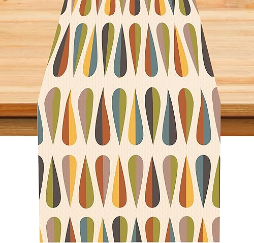 Miniatura 42 de Camino de mesa retro de los años 70, estilo vintage, arte abstracto moderno, verde, bohemio, espiral, ondas, granja, campo, cena, para el hogar,