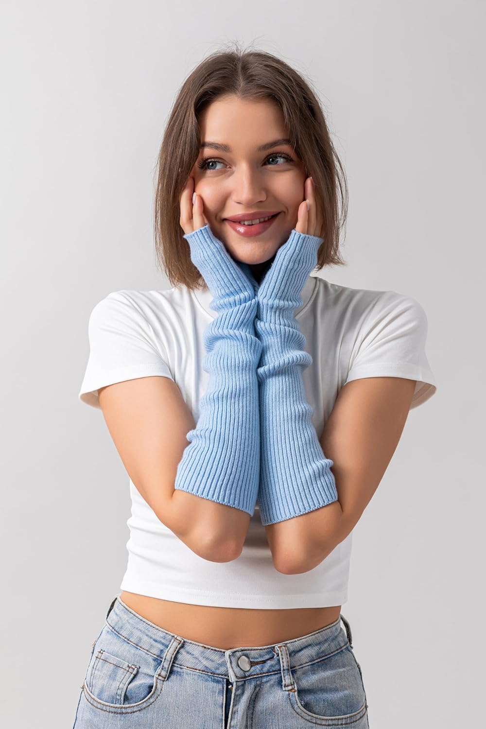 F Flammi Cashmere Blended Arm Warmer for Women Winter Fingerless Gloves Knit Mitten Gloves Wrist Warmer with Thumb Hole - Image 7