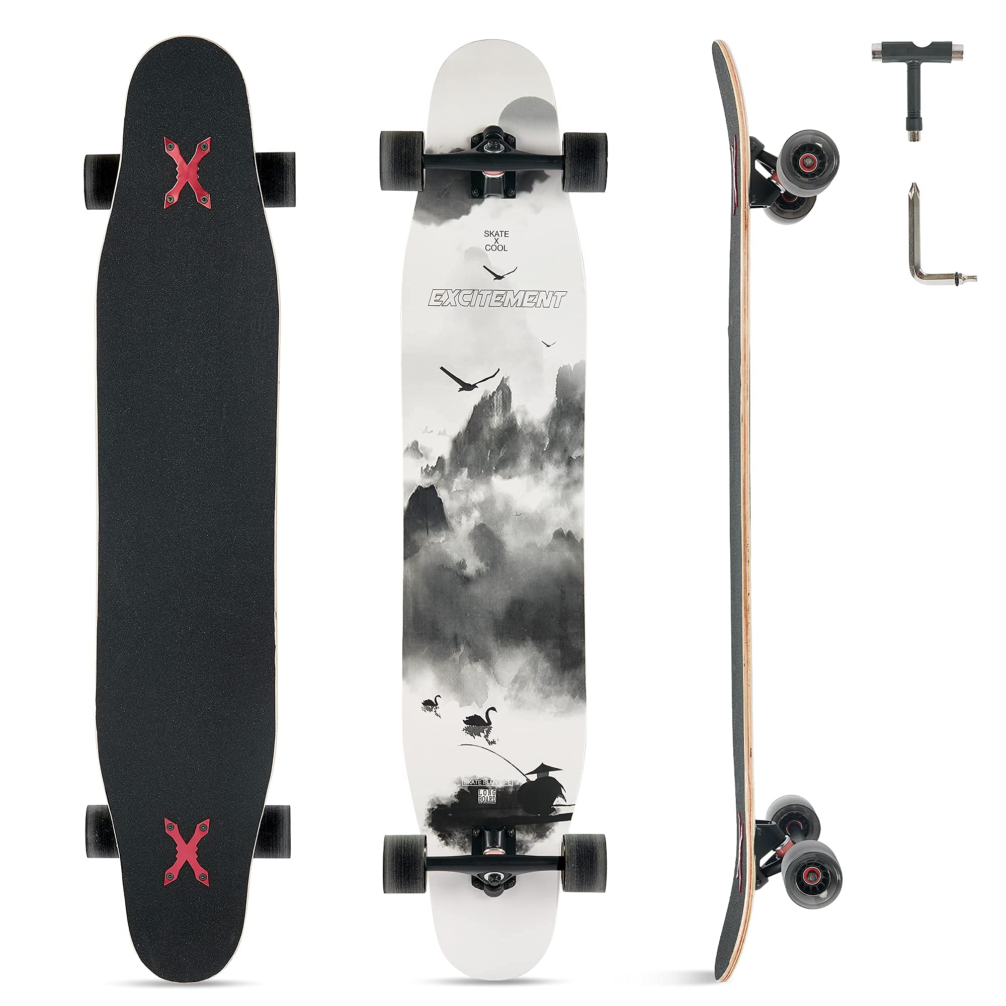 Longboard Skateboard Adulto,117x23 cm Monopatin Long Arce de 8 Capas con Rodamientos ABEC-11, Ruedas con Luz LED,Completo Longboard Cruiser Apto para Principiantes