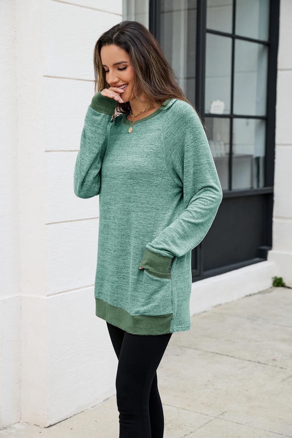 Long Sleeve T Shirts Round Neck Sweatshirts Color Block Tunic Loose-Fitting Blouses Cozy Top with Pockets - Image 5