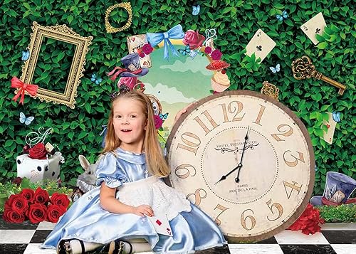 Miniatura 3 de Fondo de fiesta de té del país de las maravillas con hojas verdes, tablero de ajedrez, conejo, país de las maravillas, fondo para fotografía,