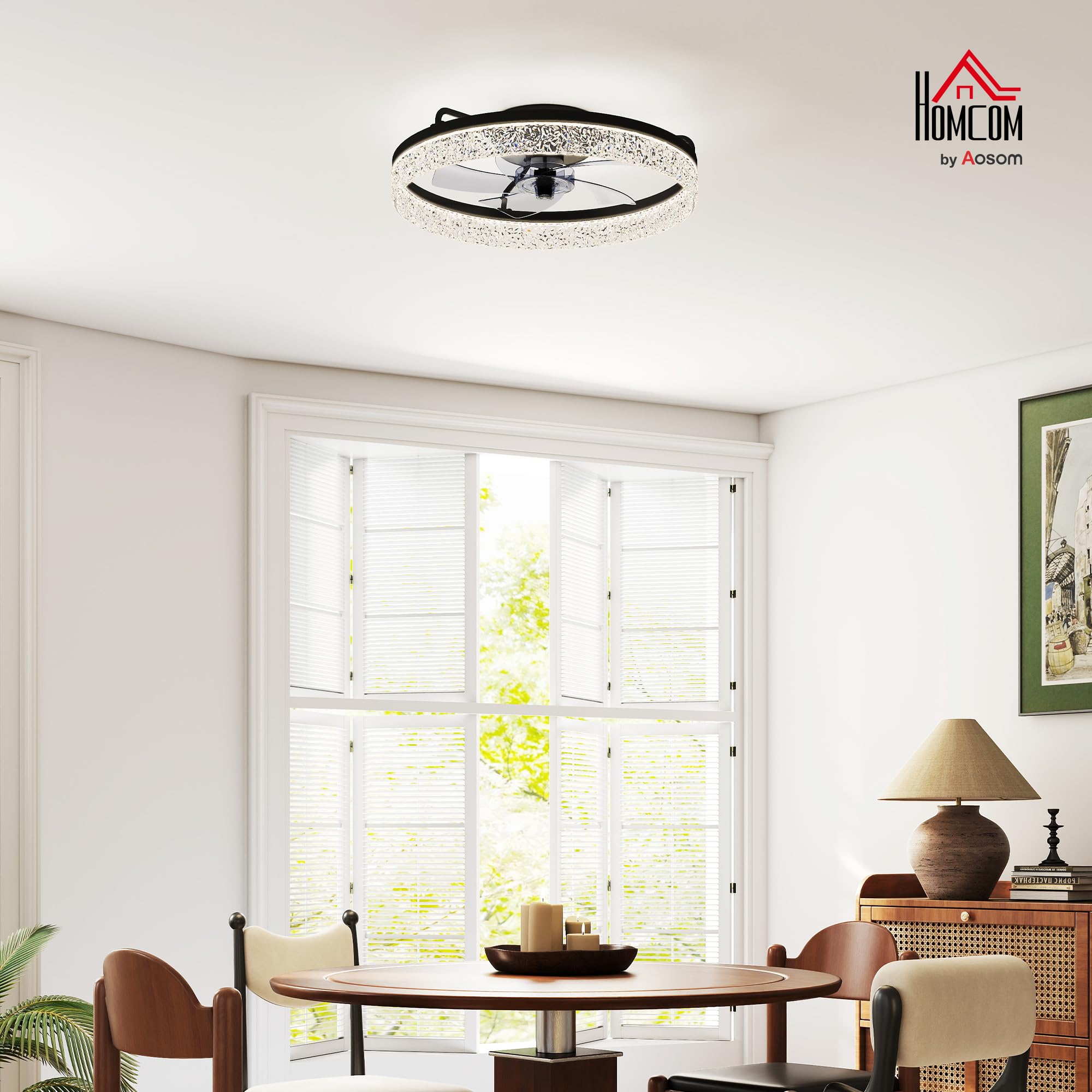 HOMCOM Deckenventilator mit Beleuchtung und Fernbedienung, Ø50 cm, 40 W Dimmbare Leise LED Deckenleuchte mit Ventilator, 6 Geschwindigkeiten, umkehrbar DC Motor, Timer, Schwarz
