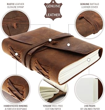 moonster Leather Journal Writing Notebook, Vintage Handmade Bound Notepad for Men & Women - Write in Plain Thick Paper 8x6 Inch Large Blank Pages, Drawing Sketchbook Travel Diary, Unlined Note Book