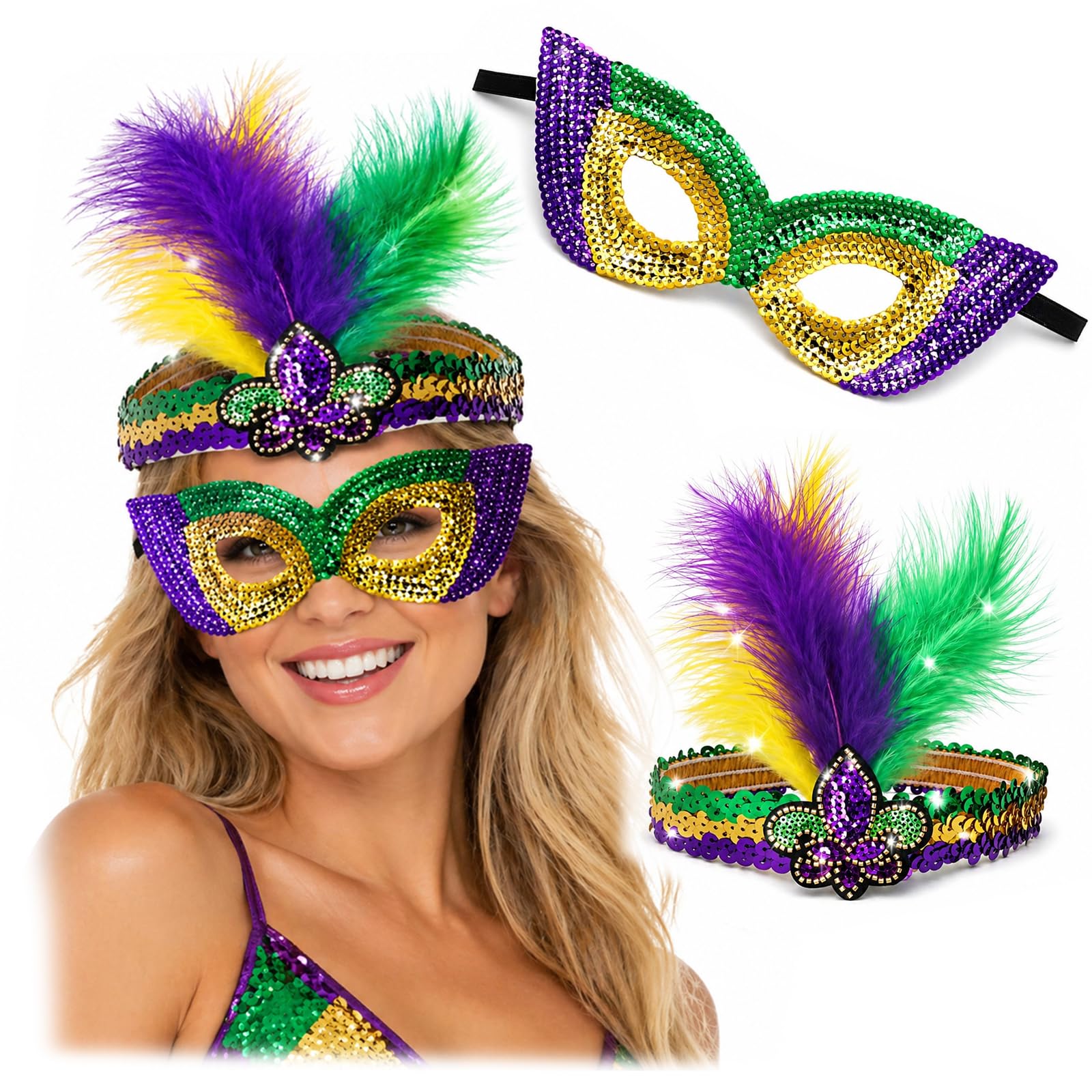 YONEEKSS 2 PCS Set Mardi Gras Sequin Faux Feather Headband and Masquerade Mask, Vintage Cosplay Headband Carnival Hair Accessories for Women Girls