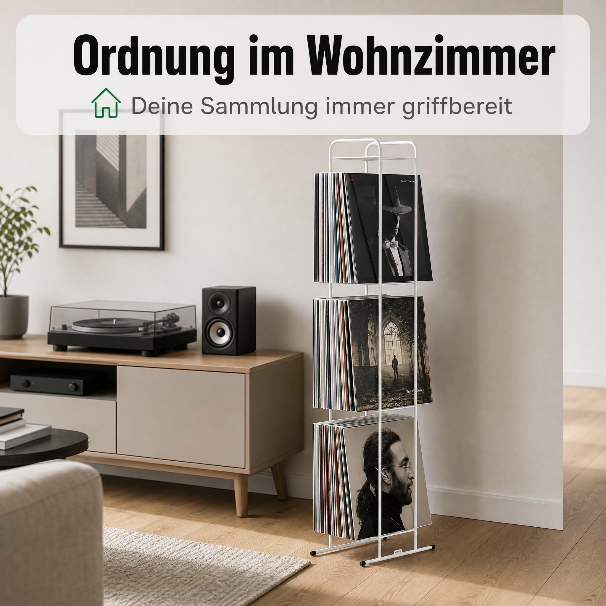 Zomo VS-Rack Vinya 150 Schallplattenständer – 300 x 190 x 1155 mm - Weiß - 3 Ebenen Vinylregal aus Stahl – Design LP Standregal für bis zu 150 Schallplatten
