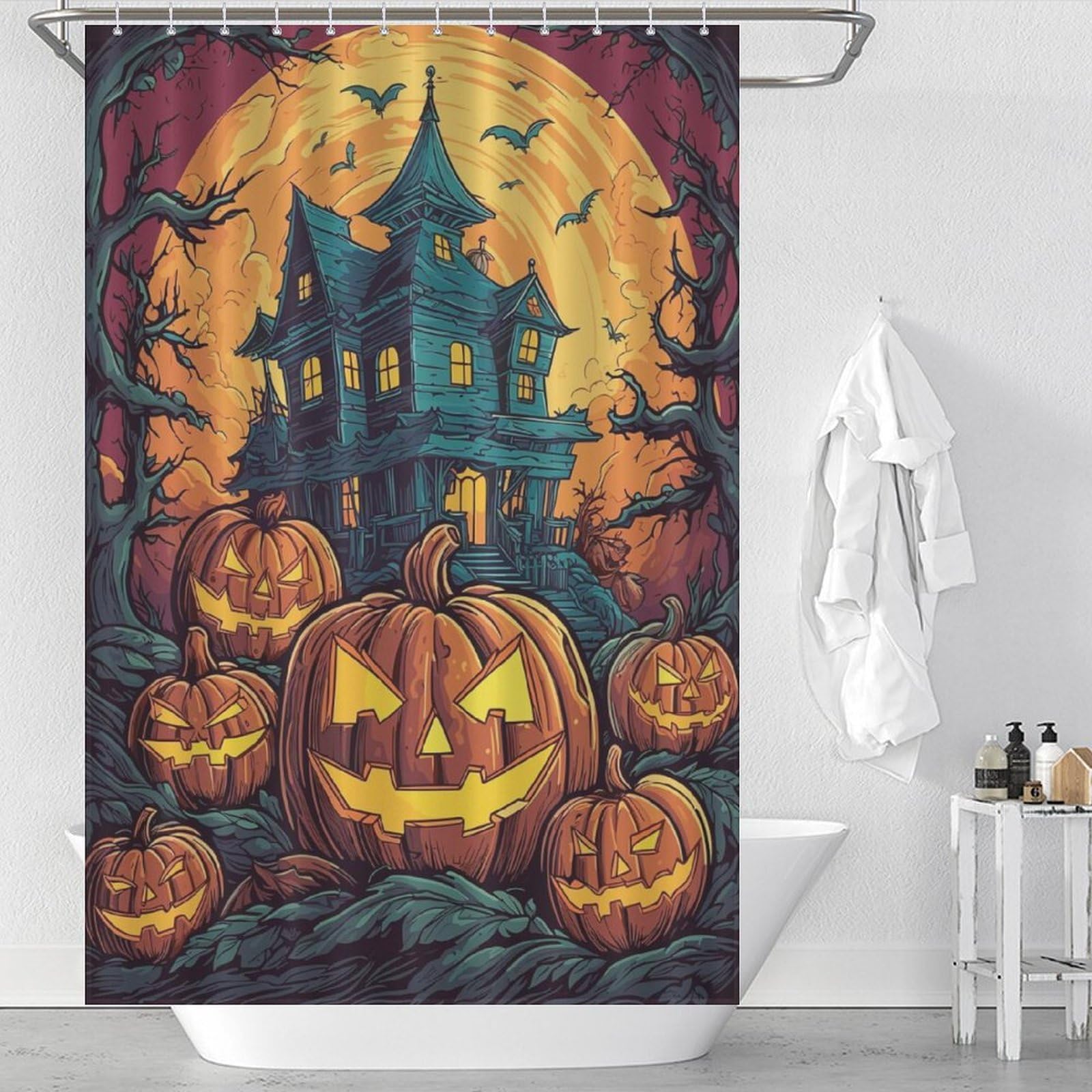 Rideau de douche Halloween 119x180 cm lavable et moderne avec crochets pour salle de bain