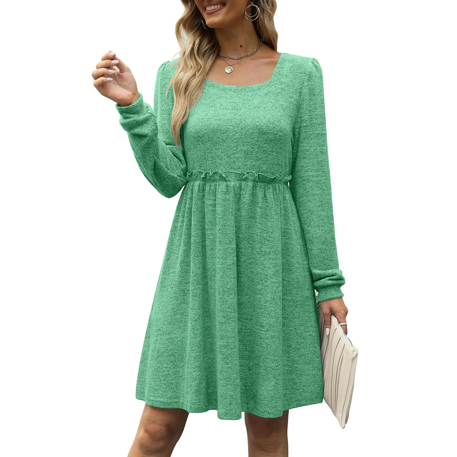 Robe carrée à manches longues et taille élastique pour femme AMN22101704