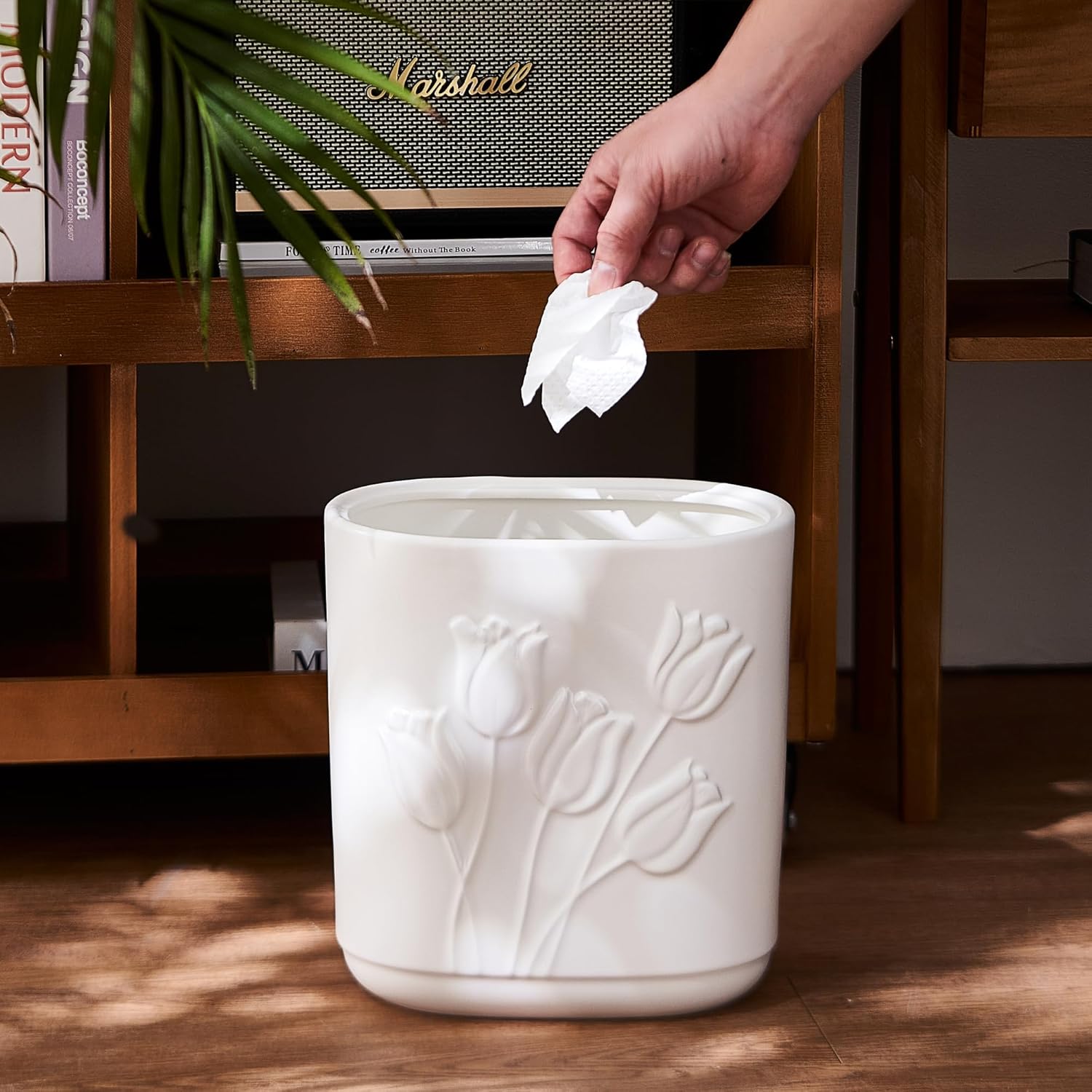 White Ceramic Tulips Small Bathroom Trash Can 2.6 Gal (10 Liter) - Heavy & Decorative Garbage Bin for Bathroom, Kitchen, Office, Bedroom & Living Room Corner