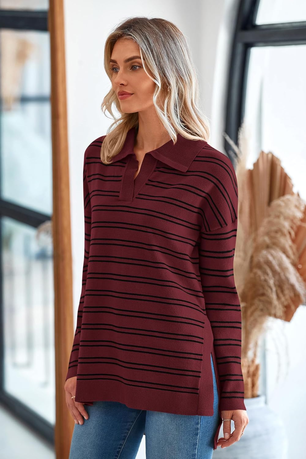 MASCOMODA Womens Sweaters Fall 2025 Oversized Striped Sweater Long Sleeve Polo V Neck Loose Side Slit Knitted Tunic Tops - Image 3