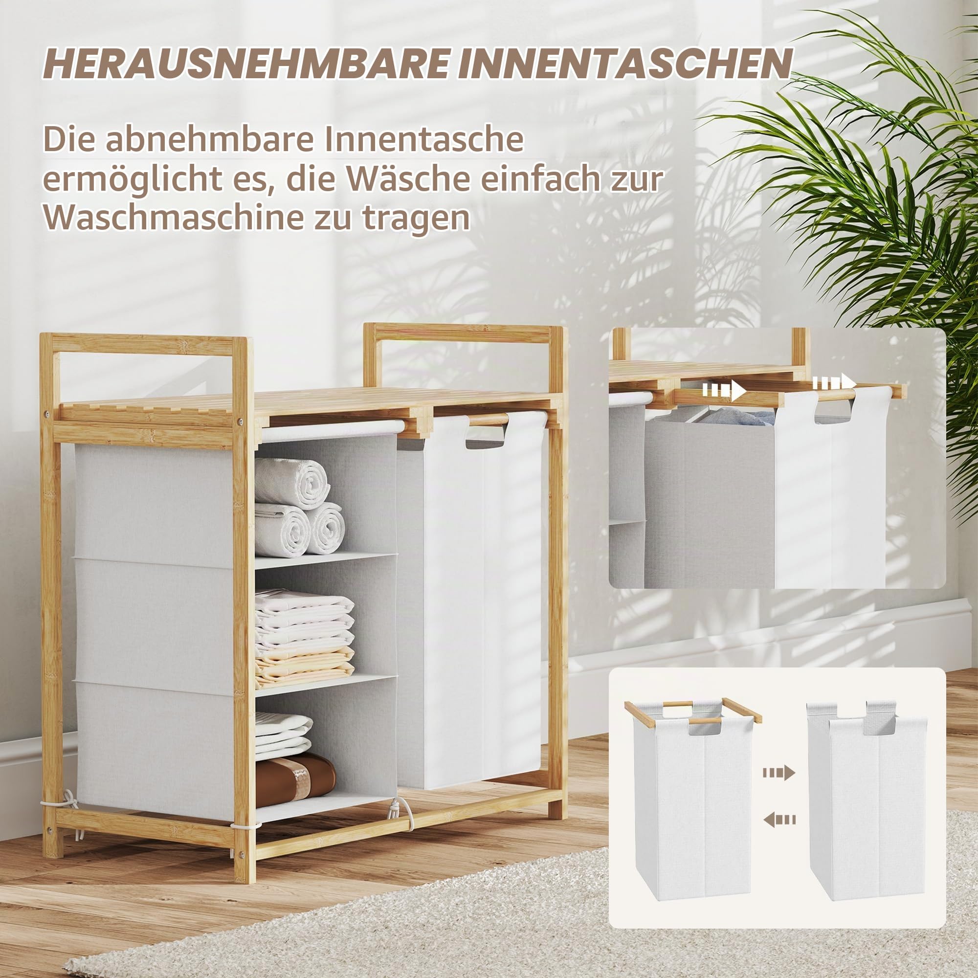 HOMCOM Wäschekorb 4 Fächer Bambus 83L mit Ablage Griff 70 x 36 x 70 cm Weiß | 2 Ausziehbare & Abnehmbare Wäschesäcke aus Vliesstoff, Wäschesammler, Wäschebox, Wäschesortierer