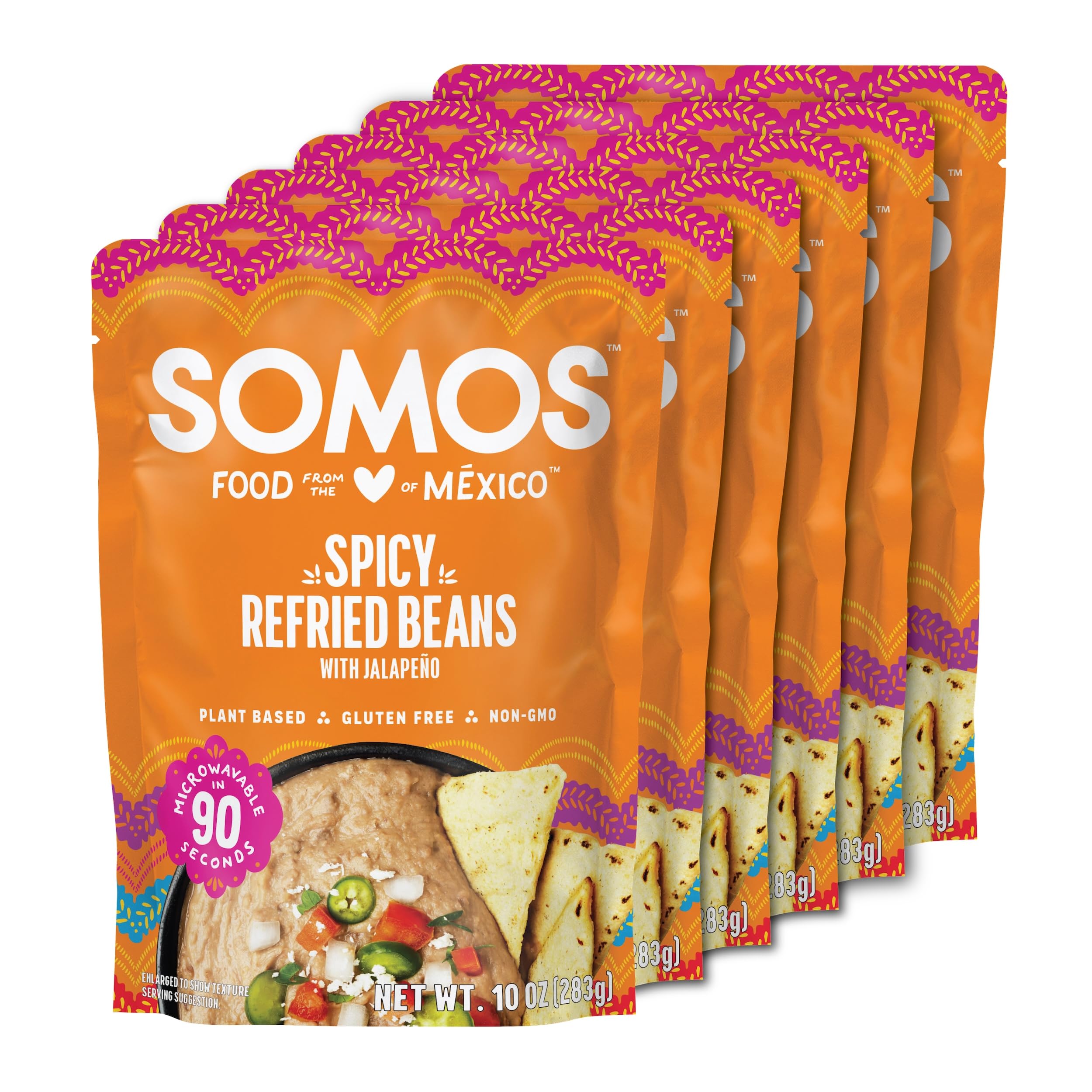 Spicy Refried Beans - Gluten Free, Non-GMO, Vegan & Microwavable Meals Ready to Eat - Delicious, Healthy & Convenient - Perfect for Tacos, Tostadas & More | 10 oz (Pack of 6)