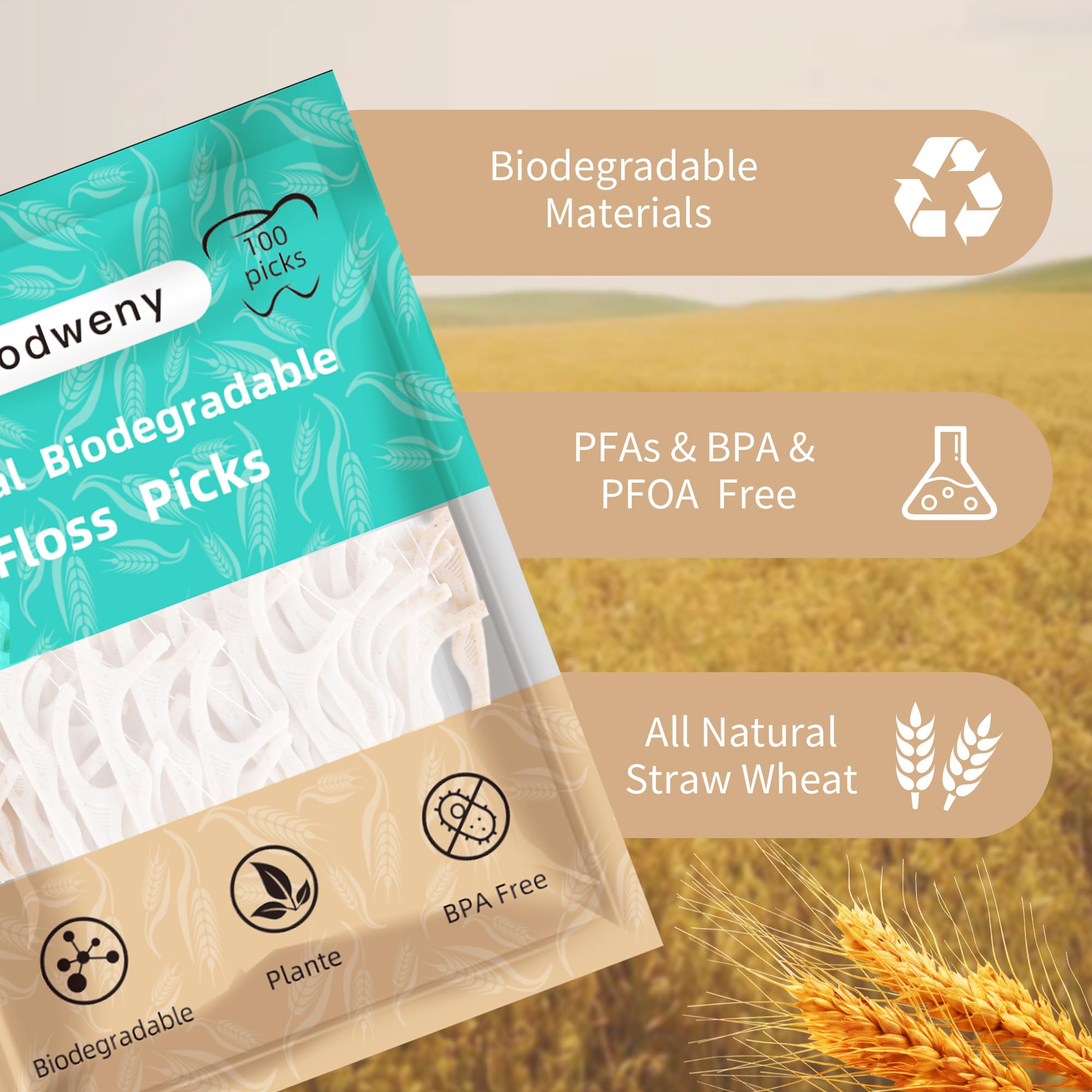 Palillos de hilo dental biodegradables, 300 unidades, mango a base de plantas veganas, respetuoso con el medio ambiente, limpieza suave para niños y adultos en las encías (300)