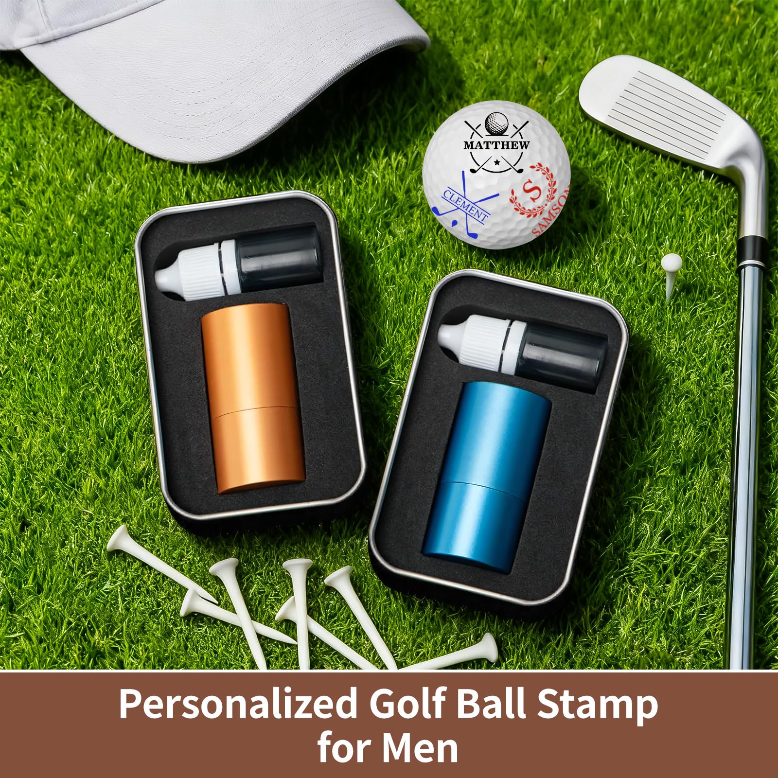 Tampon de golf personnalisé grand format – Logo 20 mm, avec étui de rangement en métal, nom ou logo personnalisé, marquage réutilisable pour balles de golf, accessoires de golf pour hommes
