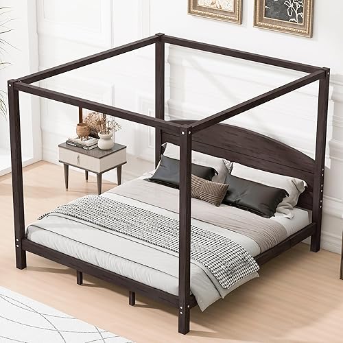 Miniatura 9 de Cama de plataforma tamaño King con cabecera y patas de soporte, marco de cama King de madera con cuatro pósteres, no requiere somier, gris lavado