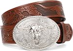 WHIPPY Western Belt for Men Women Cowgirl Cowboy Belts Tooled Embossed Leather Belt Bull Buckle Belt Country Belt for Jeans