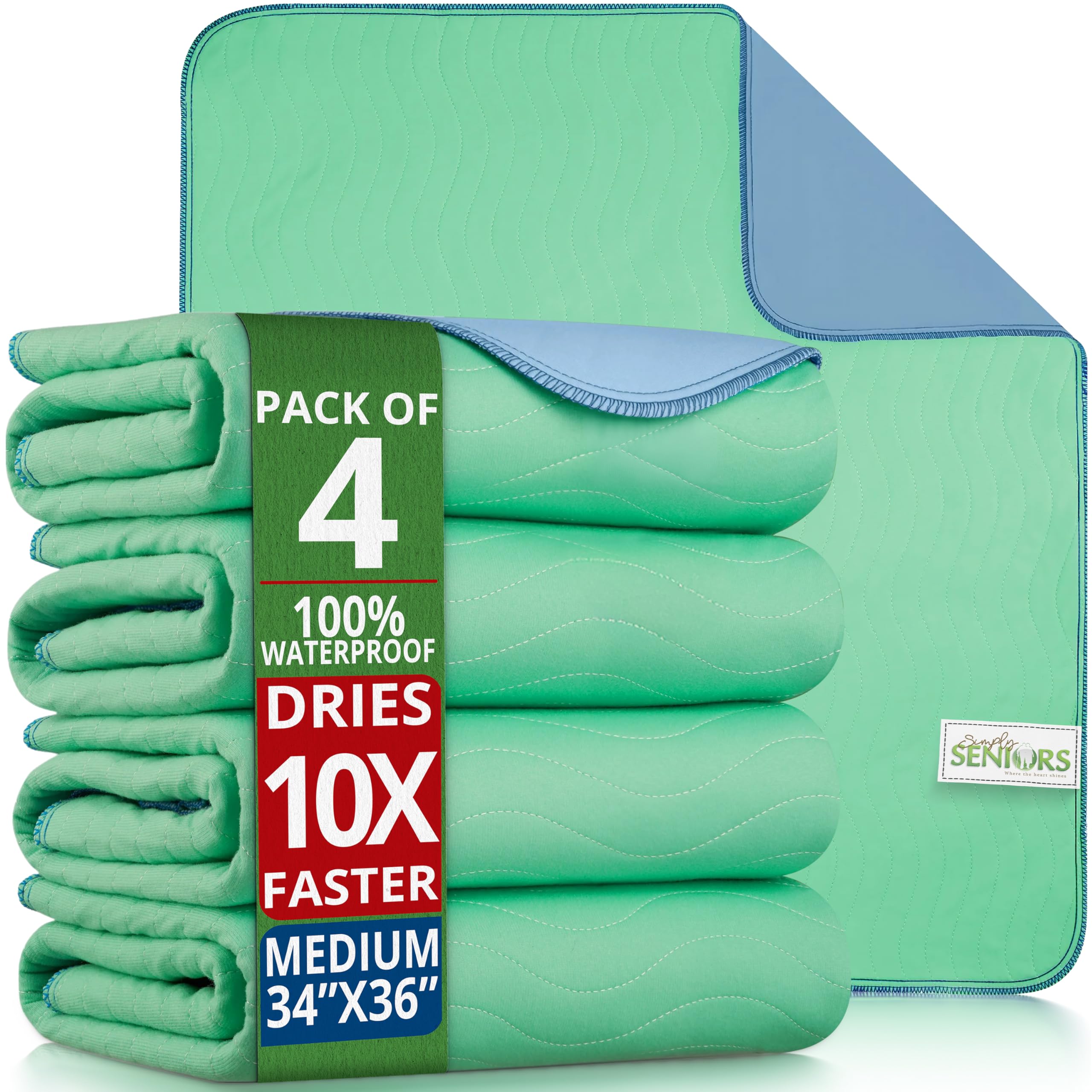 Almohadillas de cama lavables e impermeables de 34 x 36 pulgadas, paquete de 4 almohadillas de cama para incontinencia para adultos, productos de demencia para ancianos, discapacitados y pacientes