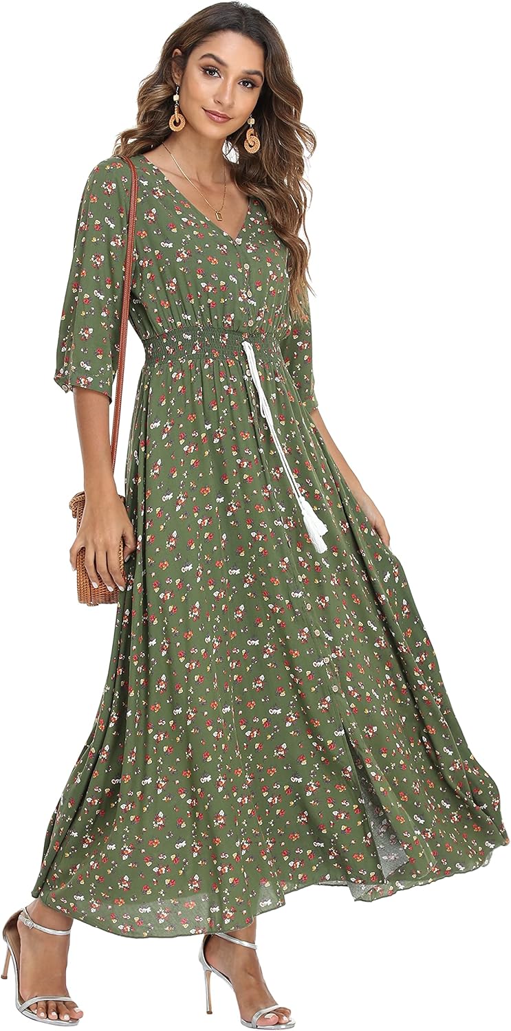 VintageClothing Women's Floral Maxi Dresses with Sleeves Flowy Boho Beach Dress - Image 5