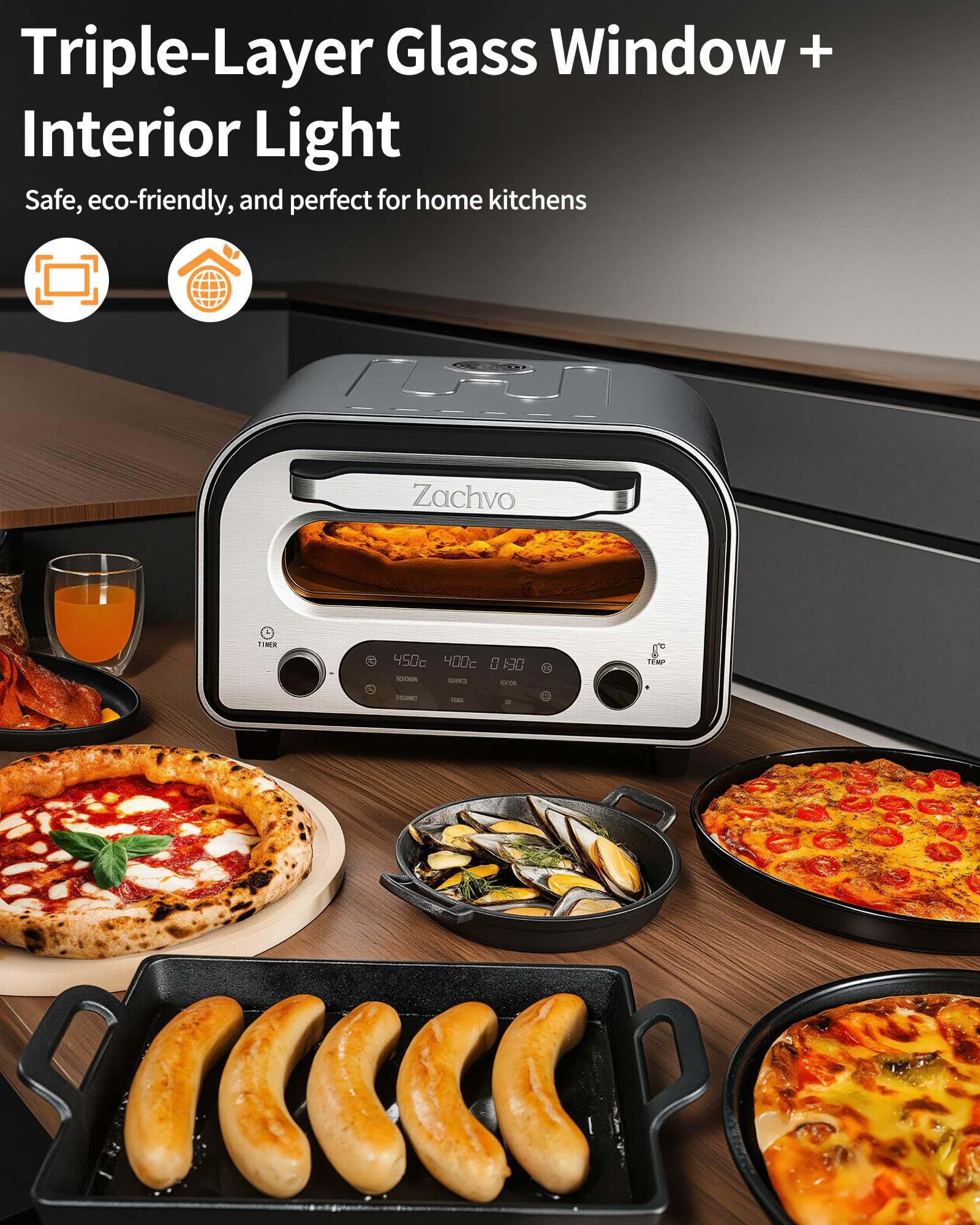 Elektrischer Pizzaofen - bis 450℃, 5 voreingestellte Pizzaarten, 1-60 Min Timer, Touchscreen & Drehregler, Edelstahlgehäuse, für 32cm Pizza, inkl. Pizzastein, Pizzaschieber, Rezeptbuch, Schwarz