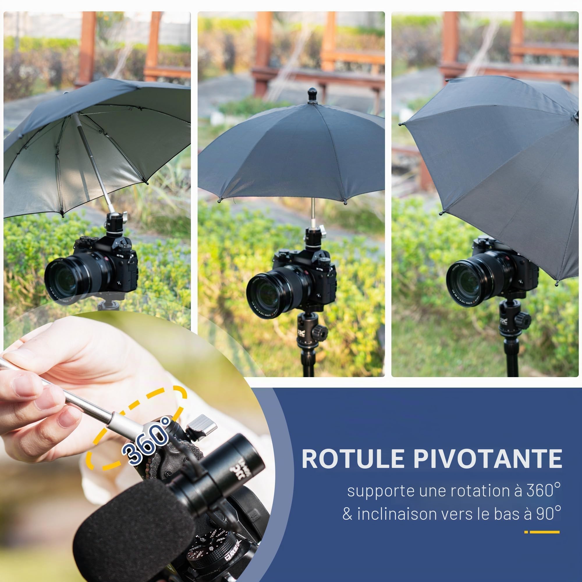 Kiorafoto Parapluie pour appareil photo avec tête sphérique rotative à 360° et chaussure froide latérale, parapluie photographique portable résistant aux intempéries, protège le caméscope de la pluie,