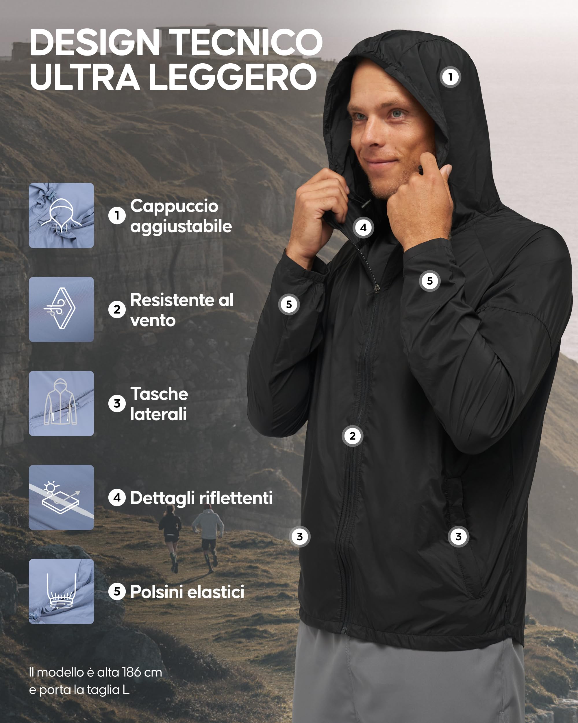 DANISH ENDURANCE Giacca a Vento Uomo, Traspirante, Antivento per Running, Trekking, Ciclismo