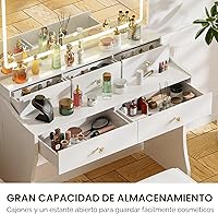 Vista 4 de COMHOMA Escritorio de tocador de maquillaje con espejo y luces, juego de mesa de tocador y silla con 5 cajones y estación de carga, cómoda