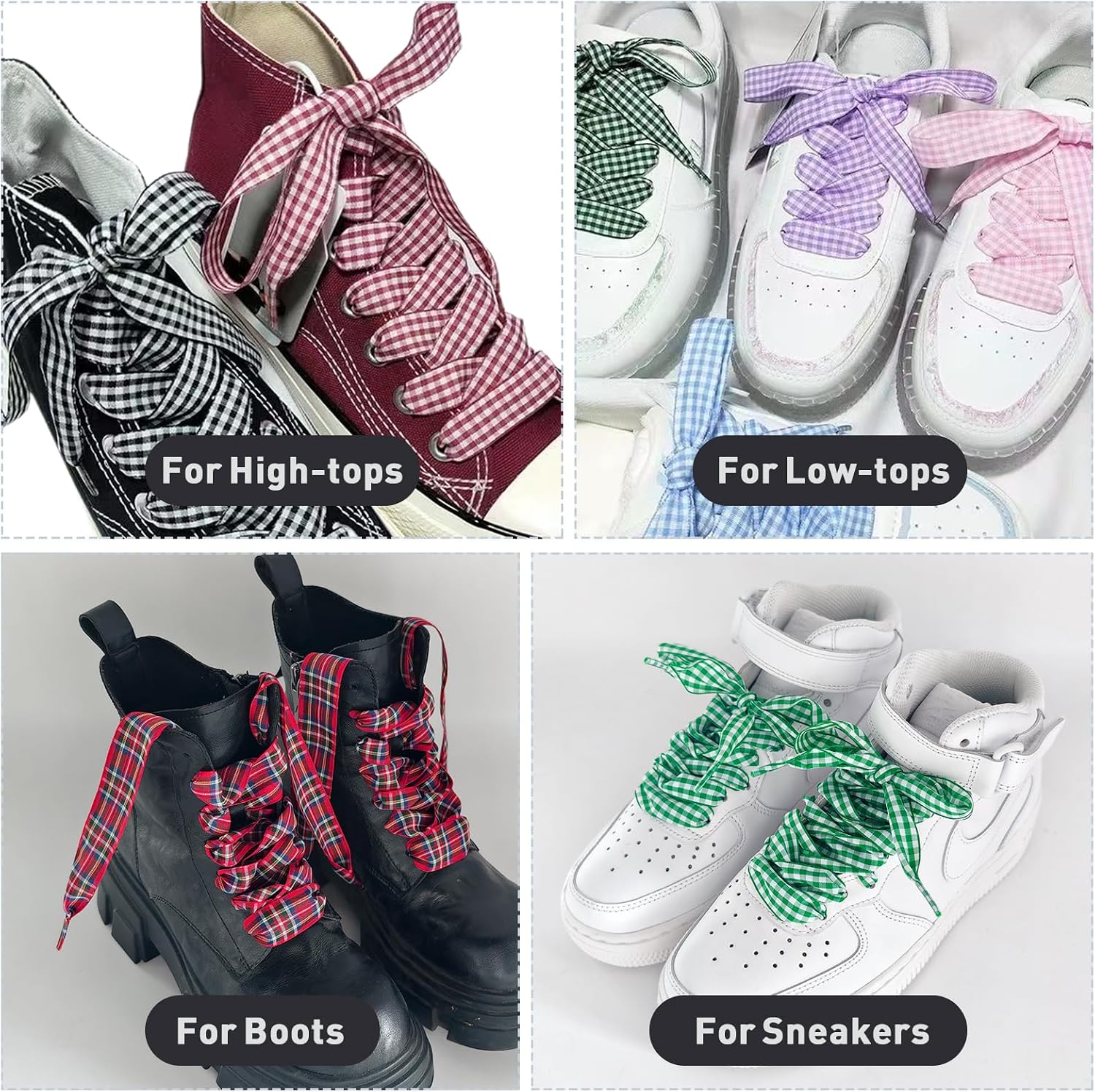 UamGlsob 25MM Gingham Ribbon Shoe Laces, Checkered Plaid Satin Fancy Cute Shoelaces Replacement Strings for Women Sneakers