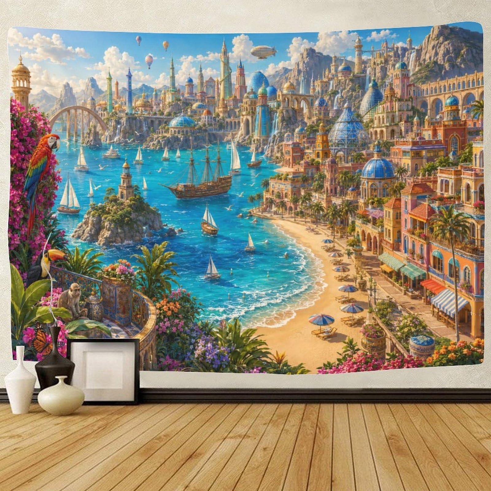 ASDFGHJKLZA Futuristic Fantasy City Harbor 3D Print Tapestry for Bedroom Wall Hanging Decor Tapestries Home Decoration Curtain Living Room College Dorm 150cmx200cm
