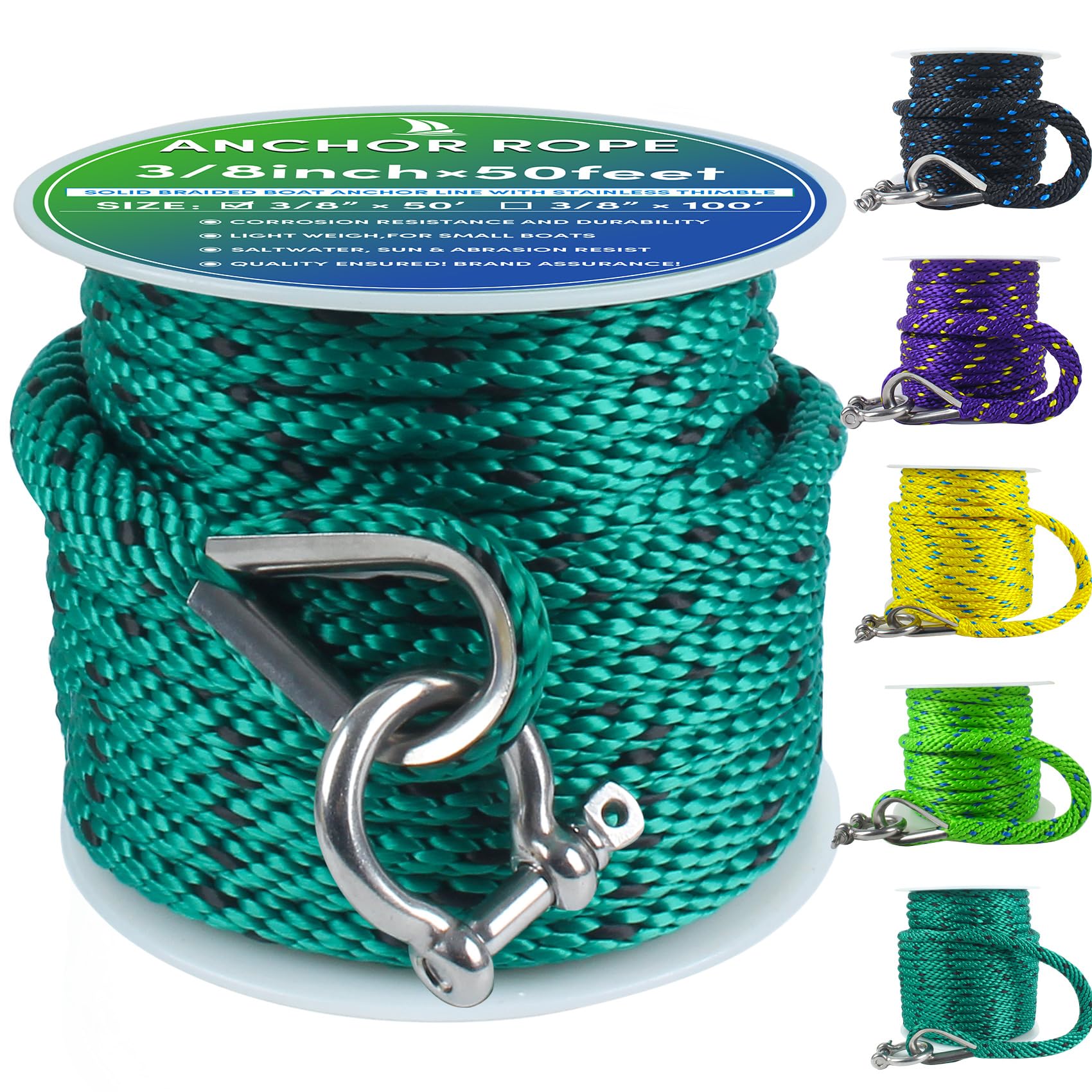 Premium Anchor Rope 50 ft x 3/8 inch, Solid Braid MFP Anchor Line Marine Rope with Thimble & Shackle - Forest Green/Black