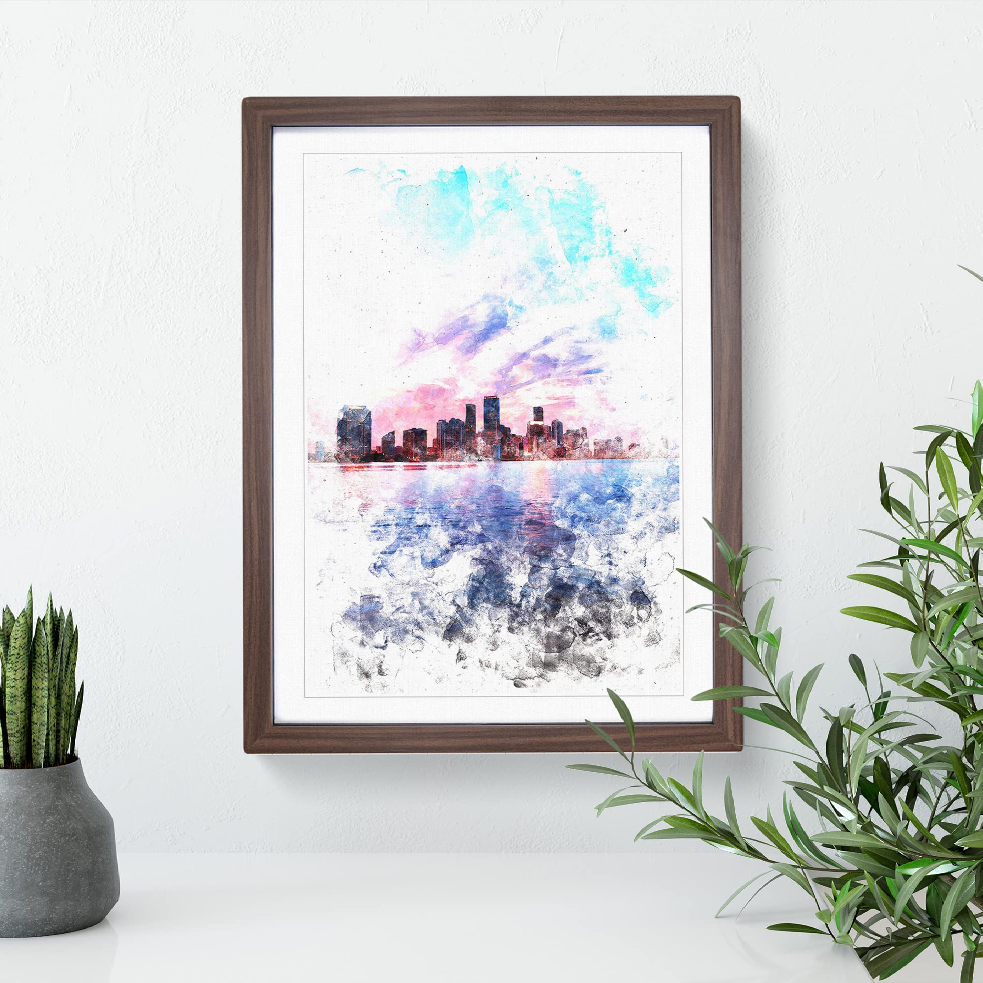 Miami Florida Skyline Watercolour Modern Framed Wall Art Print - Image 3